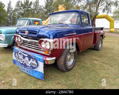 Alter rot-blauer Utility Pickup Ford F 100 V8 Flareside dritte Generation 1960. Naturgrasbäume. Oldtimer-Show. Copyspace Stockfoto