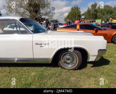 White old luxury Oldsmobile Ninety Eight Sport Coupé Hardtop 1963 von GM auf dem Land. Seitenansicht. Abzeichen. Natur, Gras, Bäume. Oldtimer-Show. Stockfoto