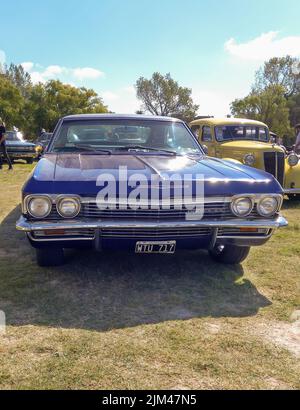 Old Blue beliebt Chevrolet Chevy Impala SS Super Sport Ende 1960s von GM auf dem Land. Natur, Gras und Bäume. Oldtimer-Show. Copyspace Stockfoto