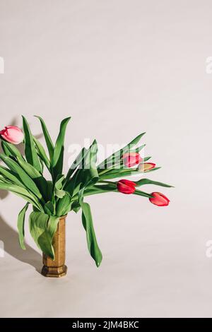 Rosa Tulpenstrauß in Messingvase auf kühlem weißen Hintergrund. Platz kopieren. Stockfoto