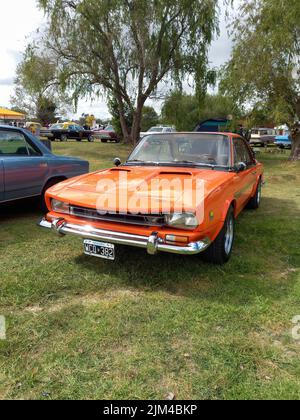 Altes IKA Renault Torino Lutteral Comahue Coupé 1968 - 1978 auf dem Land. Klassisches, orangefarbenes Sport-Kompaktauto. Vorderansicht. Natur, Gras, Bäume. Copyspace Stockfoto