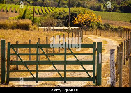Goiania, Goiás, Brasilien – 24. Juli 2022: Ein grün bemaltes Holztor am Eingang eines Bauernhofes an der Seite einer Autobahn in Goias. Stockfoto
