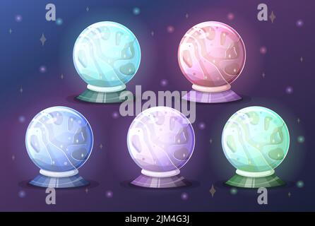 Vector Magic Fortune Kugel Glaskugel Set. Hexen Magic Crystal Ball, Wahrsager, magische Kristallkugeln. Vorhersagen und positive Bestätigungen Stock Vektor
