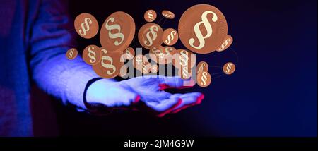 Ein 3D Rendering von Rechtsanwalt und Anwalt Online-Rechtsdienstleistungen Konzept in einer Hand Stockfoto