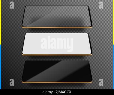Smartphone auf transparentem Hintergrund. Weißer und transparenter Bildschirm Mockup realistische Goldfarbe Gadget isoliert mit Schatten. Werbeaktion für Vektorgrafiken Stock Vektor