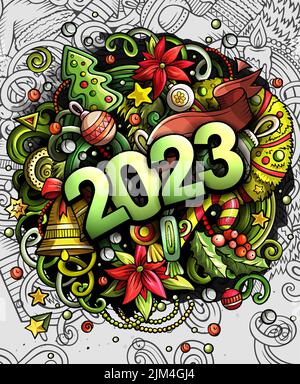 2023 Kritzeleien Illustration. Neujahrs-Objekte und Elemente-Poster Stock Vektor