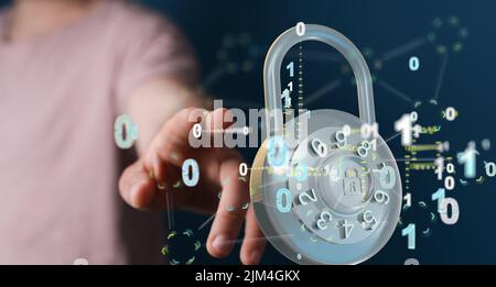 Ein Geschäftsmann verwendet ein digitales Vorhängeschloss von 3D, um seine Internetdaten zu sichern Stockfoto