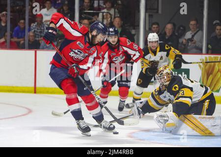 Jun 13 2022 Windsor Ontario Canada, Windsor Spitfires besiegte die Hamilton Bulldogs 5-2, um ein Spiel 7 zu zwingen. Will Cuylle (13) von den Windsor Spitfires.(Bearbeiten Stockfoto