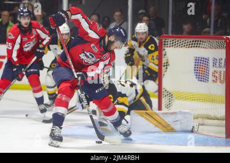 Jun 13 2022 Windsor Ontario Canada, Windsor Spitfires besiegte die Hamilton Bulldogs 5-2, um ein Spiel 7 zu zwingen. Will Cuylle (13) von den Windsor Spitfires.(Bearbeiten Stockfoto