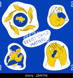 Satz von patriotischen Sticker der ukrainischen Illustration mit Frauen, Kindern, Händen in traditionellen Farben. Vektor-Illustration globale Politik, KEIN KRIEG in Stock Vektor
