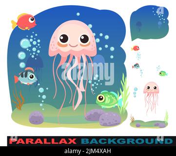 Quallen kleine Landschaft. Legt den Parallaxeneffekt fest. Unterwasserwelt. Wilde Tiere. Meer, Meer. Sommerwasser. Isoliert auf weißem Hintergrund. Abbildung Stock Vektor