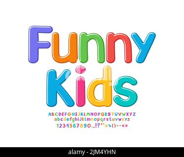 Niedliche verspielte Schrift helle Farben für Kinder-Design und Kreativität. Handgezeichnete, fett formatigte Schriftart mit Groß- und Kleinbuchstaben und Zahlen Stock Vektor