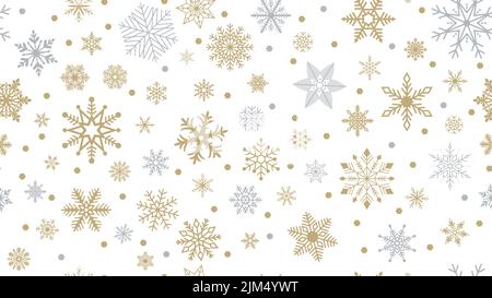 Nahtloser Weihnachtsvektor mit goldenen und silbernen Schneeflocken. Weißer Hintergrund. Nahtlos an allen vier Seiten. Unbegrenzte Größe möglich. Stock Vektor