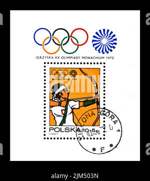 Zielbogenschießen Olympische Spiele in München (1972), um 1972. Objekt gewidmet den Olympischen Spielen 20.. Briefmarke gedruckt in Polen. Stockfoto