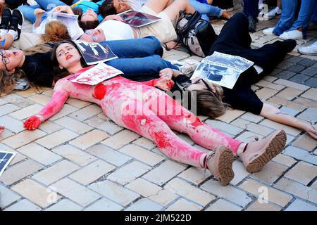 Kiew, Ukraine. 04. August 2022. Demonstranten liegen während eines Protestes zur Unterstützung der Soldaten des Asow-Bataillons, die am 29. Juli 2022 im Konzentrationslager in Oleniwka, im besetzten Gebiet der Ukraine, von russischen Militärs gefoltert wurden, auf dem Boden. Aktivisten und Verwandte versammelten sich auf dem Sofijivska-Platz, um die Aufmerksamkeit der internationalen Organisationen auf russische Kriegsverbrechen in der Ukraine nach dem Beginn einer umfassenden militärischen Invasion am 24. Februar 2022 zu lenken. (Foto: Aleksandr Gusev/SOPA Images/Sipa USA) Quelle: SIPA USA/Alamy Live News Stockfoto