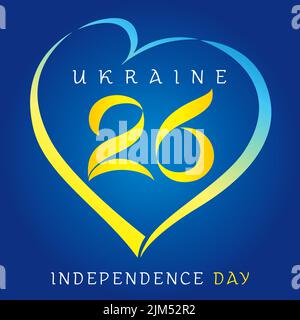 Nationale Feiertage der Ukraine kreatives Design. Elegantes Herz mit der Nummer 26. Glückwunsch zum 26.. Geburtstag. Ukrainische Flaggen-Farben. Jahrestag der Unabhängigkeit. Stock Vektor