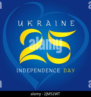 Nationale Feiertage der Ukraine kreatives Design. Elegantes Herz mit der Nummer 25. Glückwunsch zum 25.. Geburtstag. Ukrainische Flaggen-Farben. Jahrestag der Unabhängigkeit. Stock Vektor