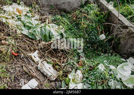 Kompostgrube für Lebensmittelabfälle. Umweltfreundlicher Verbrauch, Recycling. Konzept der organischen Düngemittel für den Garten. Stockfoto