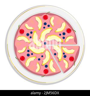 Biskuitkuchen auf dem Teller, duftender Kuchen mit Birnenscheiben, Kirschen und Heidelbeeren. Exotisches Dessert von oben. Cartoon-Vektor auf weißem Backgro isoliert Stock Vektor