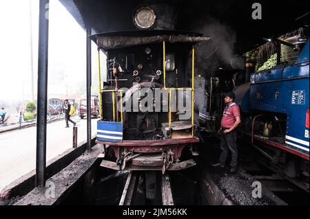 11. Juni 2022, Darjeeling, Westbengalen, Indien: Die Dampfmaschinen des UNESCO-Weltkulturerbes Darjeeling Himalayan Railway ''Spielzeugzug'''-s auf der Darjeeling Lok Shed, die sich auf den morgendlichen Flug in Darjeeling, Westbengalen, Indien am 11/06/2022 vorbereiten. Sie gilt auch als die 22. höchste Eisenbahn der Welt. Darjeeling Himalayan Railways kann bis zu 20 Zugfahrten durchführen. Die Züge werden von alten Kohlekraftwerken gezogen. Kohleaschen fliegen die ganze Zeit dorthin, und Lokomotivmechaniker arbeiten den ganzen Tag in dieser verschmutzten Luft. (Bild: © Soumyabrata Roy/Pacific Press via ZUMA Press W Stockfoto