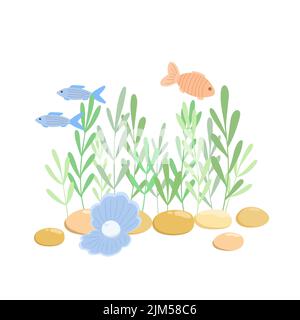 Unterwasseralgen, Steine, niedliche Muschel mit Perle und schwimmende Fische Vektor-Illustration, marine life einfache Cartoon-Stil Komposition, Meer Ozean Flora handgezeichneten Bild Stock Vektor