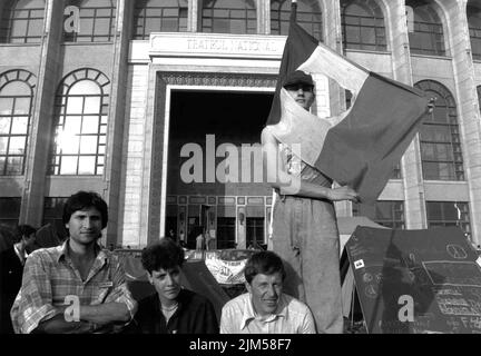 Bukarest, Rumänien, Mai 1990. „Golaniada“, ein großer Anti-Kommunismus-Protest auf dem Universitätsplatz nach der rumänischen Revolution von 1989. Die Menschen versammelten sich täglich, um gegen die Ex-Kommunisten zu protestieren, die nach der Revolution die Macht übernahmen. Auf diesem Bild hält ein junger Mann die rumänische Flagge mit abgeschnittenem sozialistischem Emblem, ein antikommunistisches Symbol während der Revolution. Stockfoto