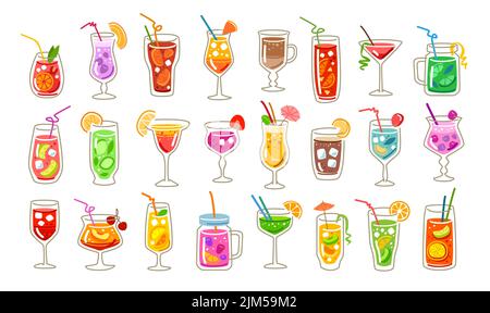 Auswahl an tropischen Cocktails. Sammlung von Sommergetränken mit Früchten und Beeren. Flache Cartoon-Vektor-Illustration Stock Vektor