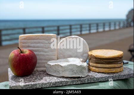 Vier berühmte Käse der Normandie, quadratische pont l'eveque, rund Camembert Kuhkäse, gelbe livarot, herzförmigen neufchatel und Blick auf die Promenade und ein Stockfoto