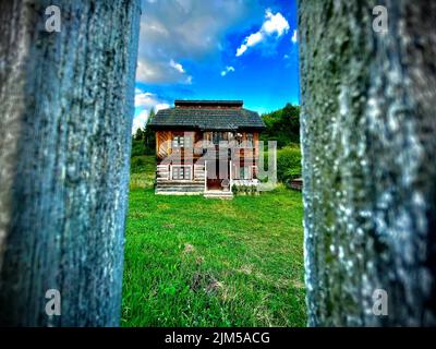 Eine wunderschöne Aussicht auf ein authentisches Holzhaus, das zwischen zwei Bäumen eingefangen wurde Stockfoto