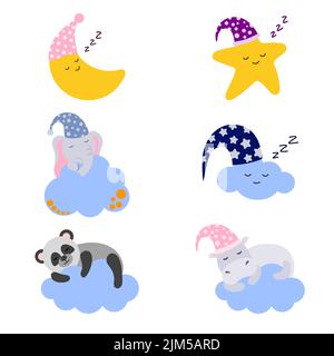 Ein Satz niedlicher Tiere, die in den Wolken schlafen, ein schlafender Mond und ein Stern. Zeichentrickfigur. Schlaflied. Stock Vektor