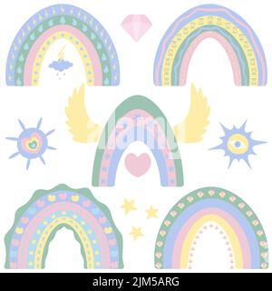 Regenbogen. Vektor-Set mit Illustrationen. Isolierter weißer Hintergrund. Boho-Stil. Farbenfrohe Kollektion. Ein auffallendes Naturphänomen. Ethnische Motive. Stock Vektor