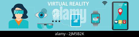 Eine Vektordarstellung einer Frau in Virtual-Reality-Brillen und Gadgets Stock Vektor