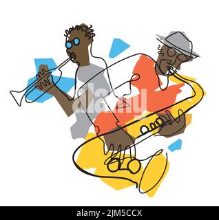 Jazz-Thema mit schwarzen Männern, Trompeter und Saxophonist. Expressive Illustration von zwei Jazzmusikern, durchgehende Linienzeichnung. Stock Vektor