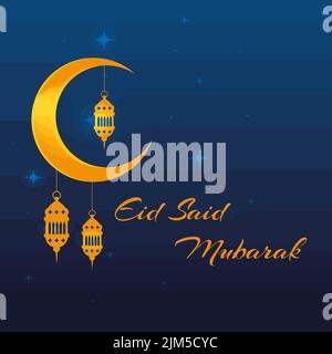 Halbmond vor dem Hintergrund des Sternenhimmels mit arabischen Laternen und der Inschrift Eid Said Mubarak Stock Vektor