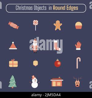 Ein Vektor-Ikonen von Weihnachten und Neujahr-Ikonen mit Weihnachtsmann, Hirsch, Schneemann, Weihnachtsbaum, Socken, Geschenke Stock Vektor