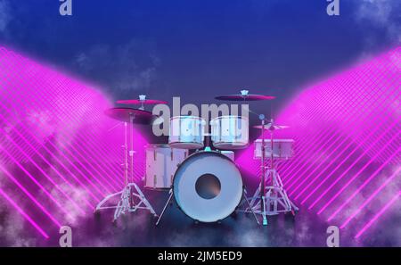 Trommelset in violettem Neon-Korridor. 3D Rendern Stockfoto