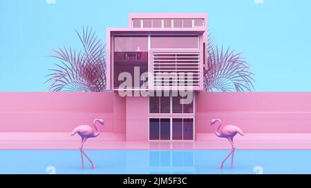 Minimalistisches, modernes Privathaus in Pink mit Flamingos. 3D Rendern Stockfoto