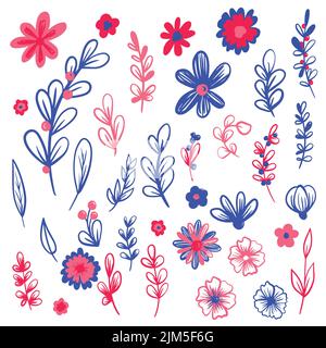 Set einfacher Vektorblumen. Vektor flache Blumendarstellung. Handgezeichnete Doodle-Blumenelemente. Blumen und Blätter Stock Vektor