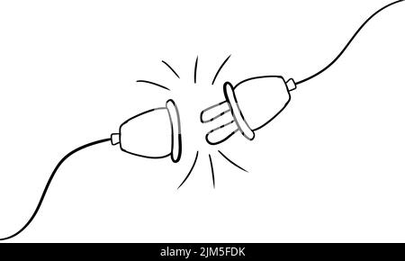 Doodle Stecker Elektrokabel und Steckdose. Handgezogene Schnur und 404-Fehler-Entscheidungsvektor-Illustration. Trennen Sie die Energie und die Umrissspannung. Draht e Stock Vektor