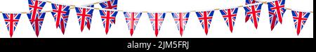 Britische Flagge Girlande. Union Jack Wimpel Kette. Britische Party-Dekoration. Großbritannien Flaggen zum Feiern. Fußzeile und Banner-Hintergrund. Stock Vektor