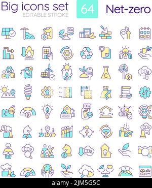 NET Zero Strategies RGB-Farbsymbole gesetzt Stock Vektor