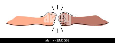 Fist stoßen Banner Hand gezeichnet mit einer einzigen Linie. Schwarz-weiße Person. Teamarbeit, Zusammenarbeit, Freundschaftskonzept. Vektordarstellung isoliert auf whit Stock Vektor