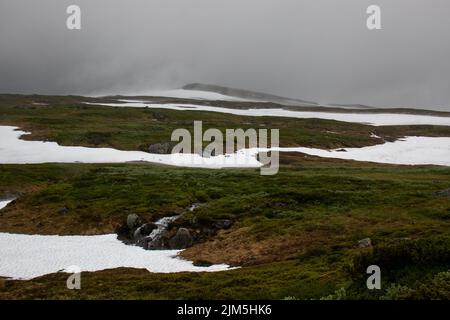 Die Schneepatches, die Nebel auf dem Wanderweg zwischen den Bergstationen Storulvan und Blahammaren erzeugen, Anfang Juli, Jamtland, Schweden Stockfoto