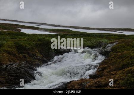 Ein Wasserstrom aus dem schmelzenden Schnee entlang des Wanderweges zwischen den Stationen Storulvans und Blahammaren Mountain in Jamtland, Schweden Stockfoto