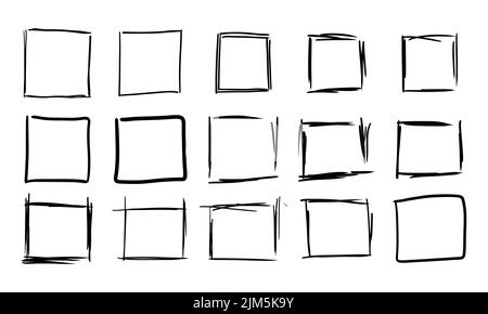 Quadratischer Rahmen und handgezeichneter Linienrand. Kritzelbürste Randskizze und dekorative Kontur Vektor-Illustration. Skizzenhaft niedliche rechteckige Karte und Stock Vektor