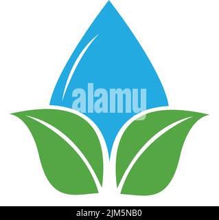 Eine Illustration von grünen Blättern und einem blauen Wassertropfen mit weißem Hintergrund Stock Vektor