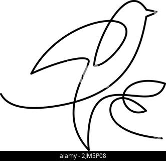 Vogel sitzt auf Ast Blätter Logo. Fortlaufende einzeilige Zeichnung. Vektorsymbol Vorlage Monoline Stock Vektor