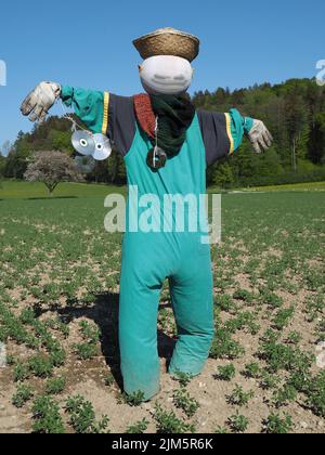 Eine vertikale Aufnahme einer Vogelscheuche auf dem Feld Stockfoto