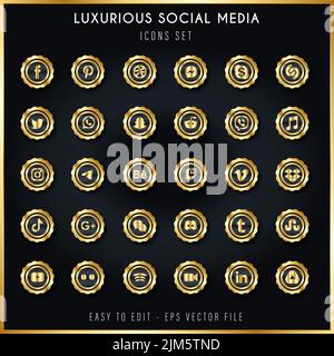 Symbol- oder Vektorset-Kollektion für soziale Medien mit metallischen Gold-Logos von facebook, instagram, twitter, tiktok und youtube Stock Vektor
