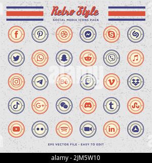 Social-Media-Icon- oder Vektorset-Sammlung mit facebook, instagram, twitter, tiktok, youtube Retro- und Vintage-Logos Stock Vektor